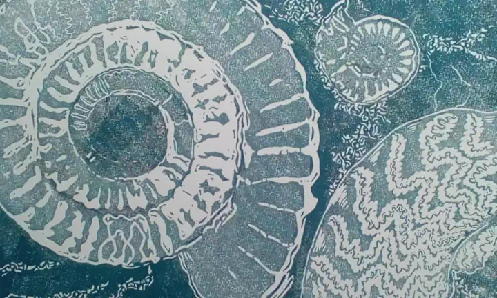 Linocut print of ammonites at Kilve Beach