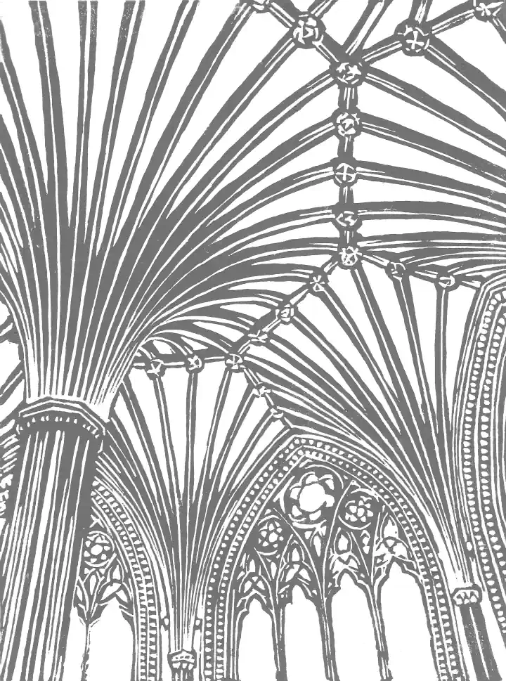 A monochrome linocut print of Wells Cathedral Chapter House