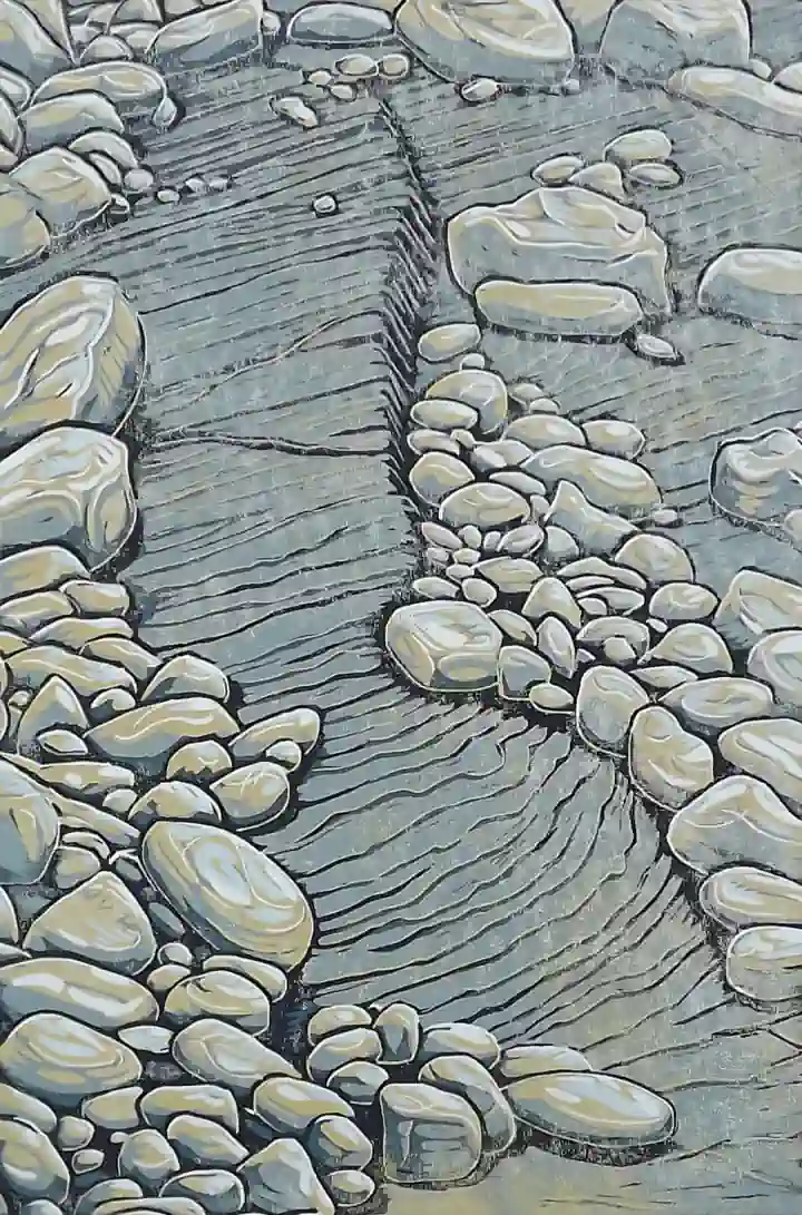 Linocut print of Kilve Beach rocks and shale