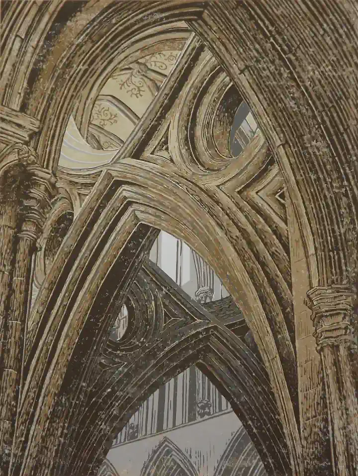 Linocut print of Wells Cathedral scissor arch