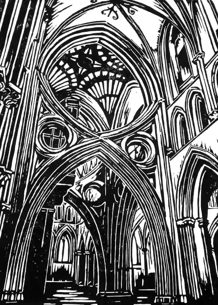 Monochrome linocut print of Wells Cathedral scissor arch